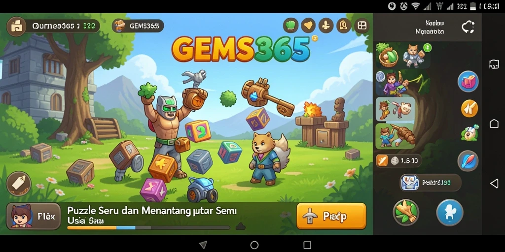 Screen utama GEMS365 menampilkan gameplay Puzzle yang seru dan interaktif.