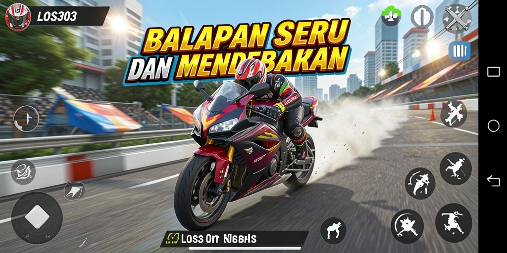 Menampilkan gameplay balapan motor yang mendebarkan di trek menantang.