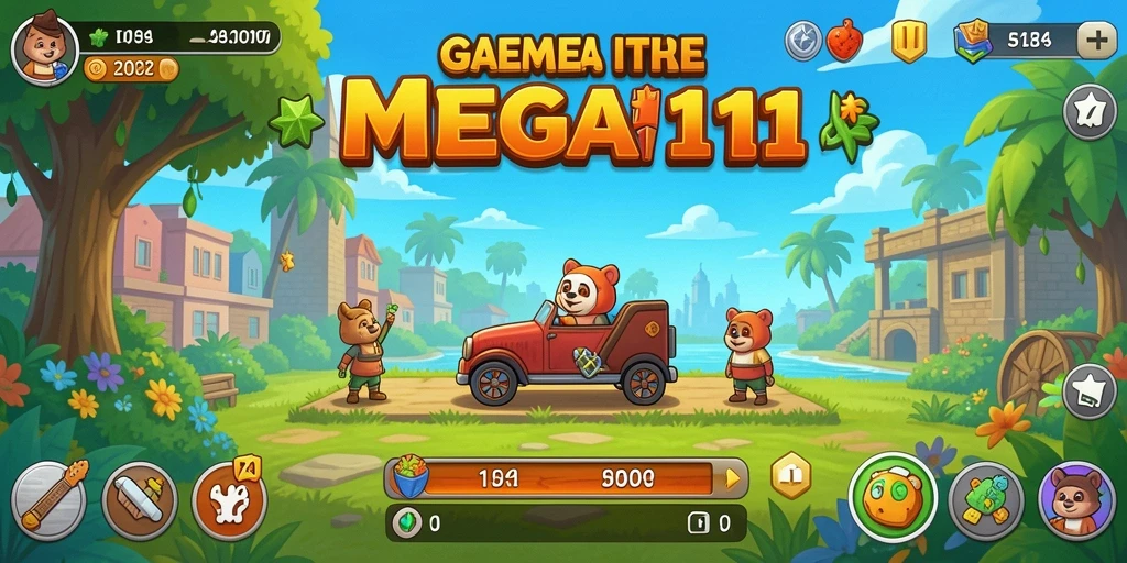 Tampilan gameplay <strong>MEGA111</strong> yang menunjukkan kemajuan dan pengumpulan sumber daya.