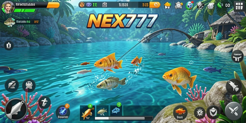 Screenshot NEX777 menampilkan momen menangkap ikan yang mendebarkan.