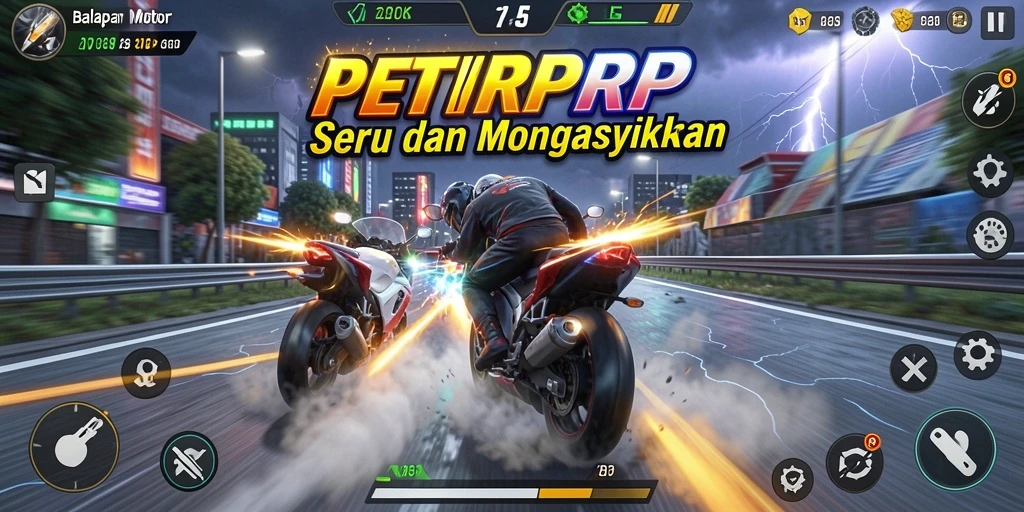 Screenshot gameplay PETIRRP yang menampilkan balapan motor yang menegangkan.
