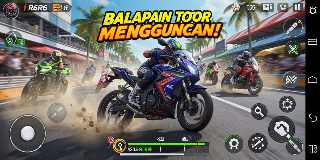 Tangkapan layar menampilkan aksi balapan motor yang mendebarkan.