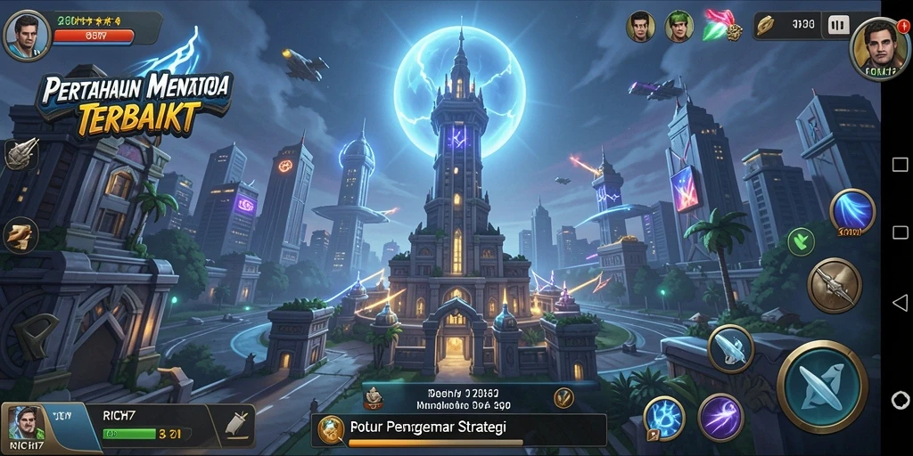 Screenshot utama RICH7 menunjukkan aksi pertahanan menara yang mendebarkan.