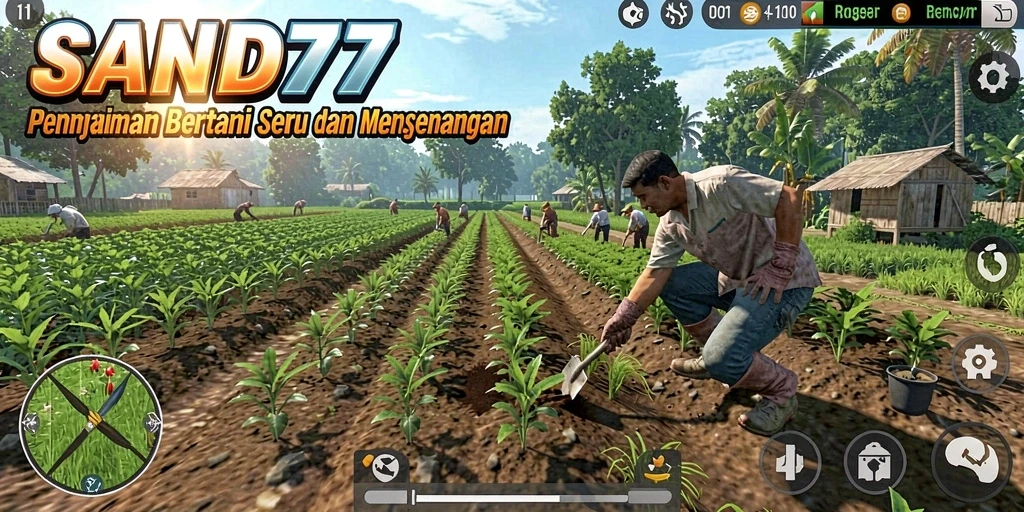 Tampilan gameplay SAND77 yang menampilkan aktivitas bertani.